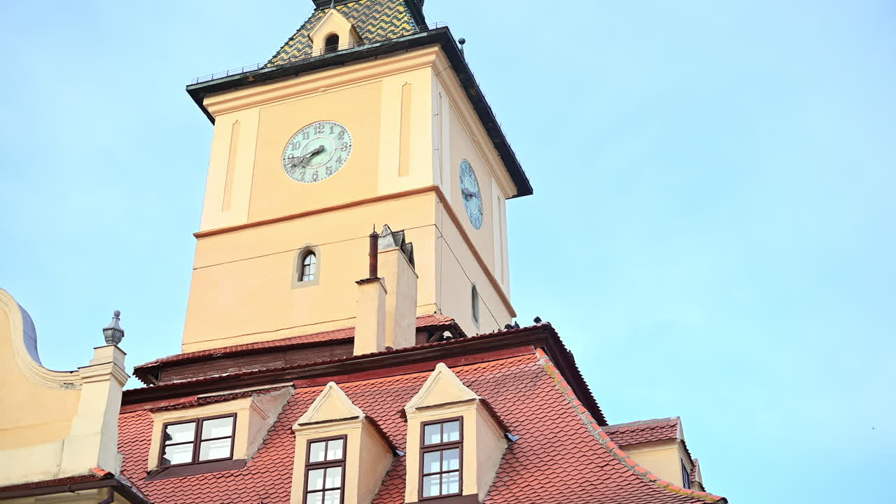 Close view of the County Museum of History facade and tower in old Brasov centre, Romania