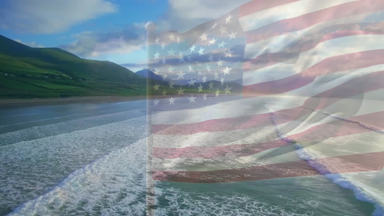 animación de la bandera de los estados unidos ondeando sobre el paisaje de la playa