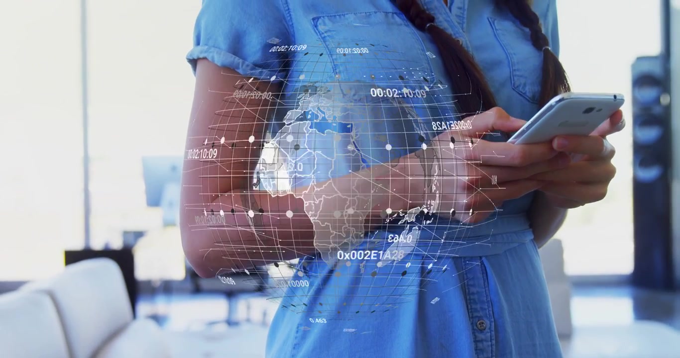 Woman typing on phone by windows, generating rotating tech globe around torso showing network
