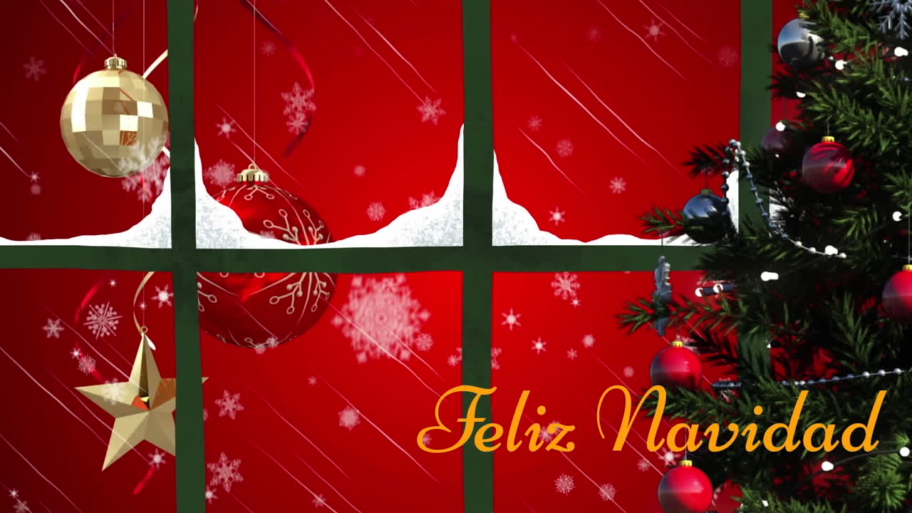 animación de texto de feliz navidad y árbol de navidad contra la vista de decoraciones colgantes de la ventana