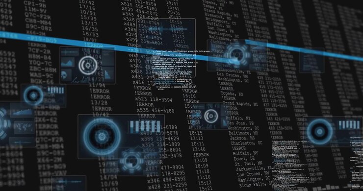 Data feed launching core display, scrolling columns and radar HUD widgets pulsing for cyber ops