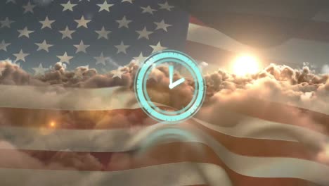 animación de cerradura de caja fuerte giratoria con manecilla del reloj sobre la bandera estadounidense