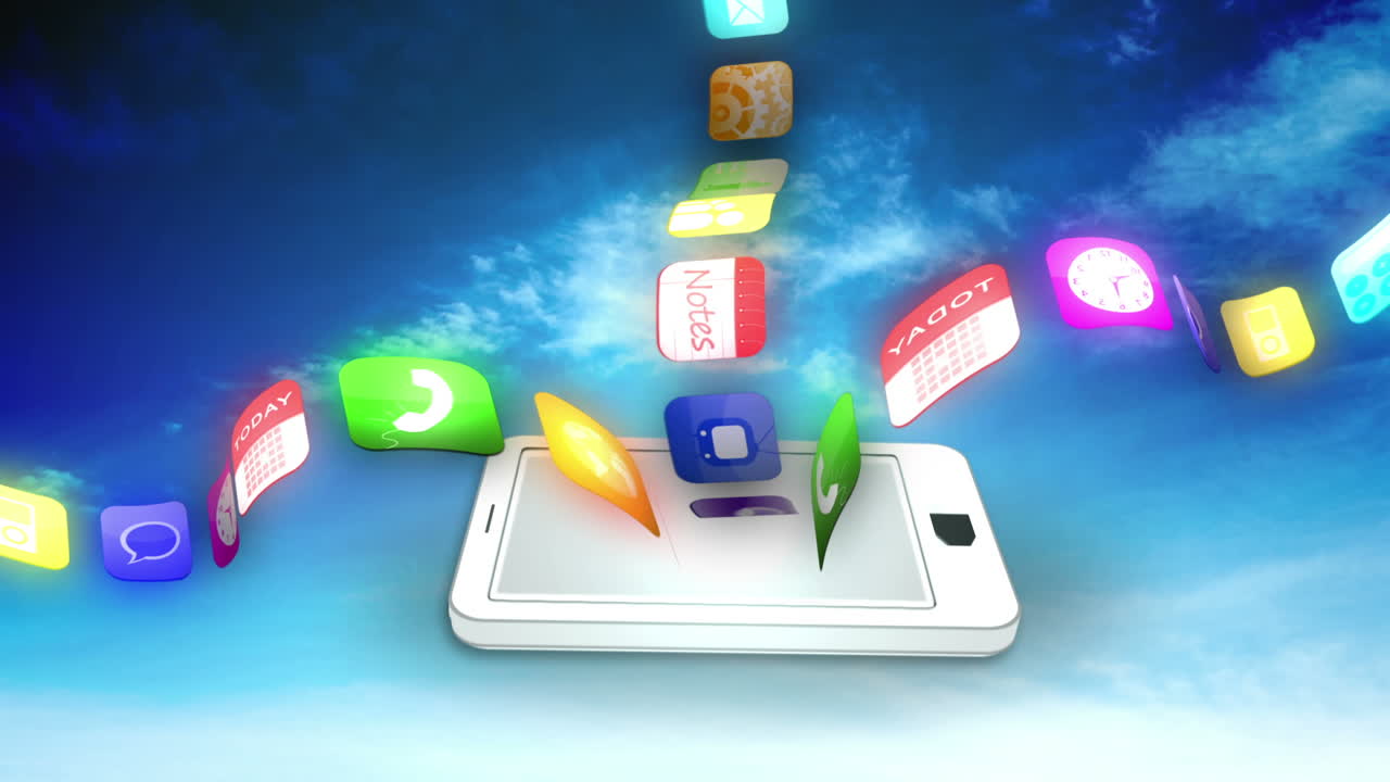 Application icons floating from white smartphone