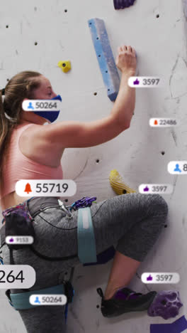 múltiples burbujas de habla con iconos digitales contra la mujer caucásica en forma escalando la pared en el gimnasio