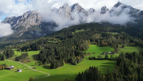 Austria-Alps-Nature-Mountain-Landscape-during-Summer---Aerial-4k-Pedestal