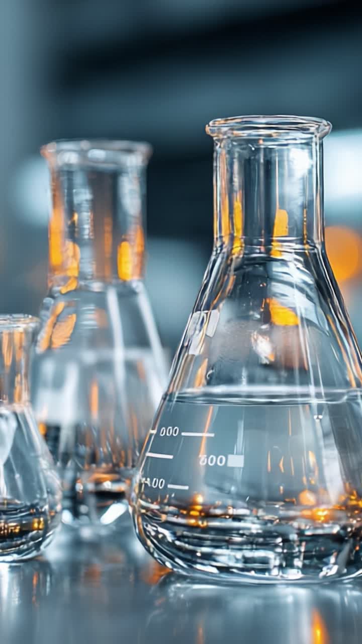 Un primo piano di vetreria da laboratorio con becher e matracci distinti, che cattura i riflessi luminosi della luce sulle superfici trasparenti.