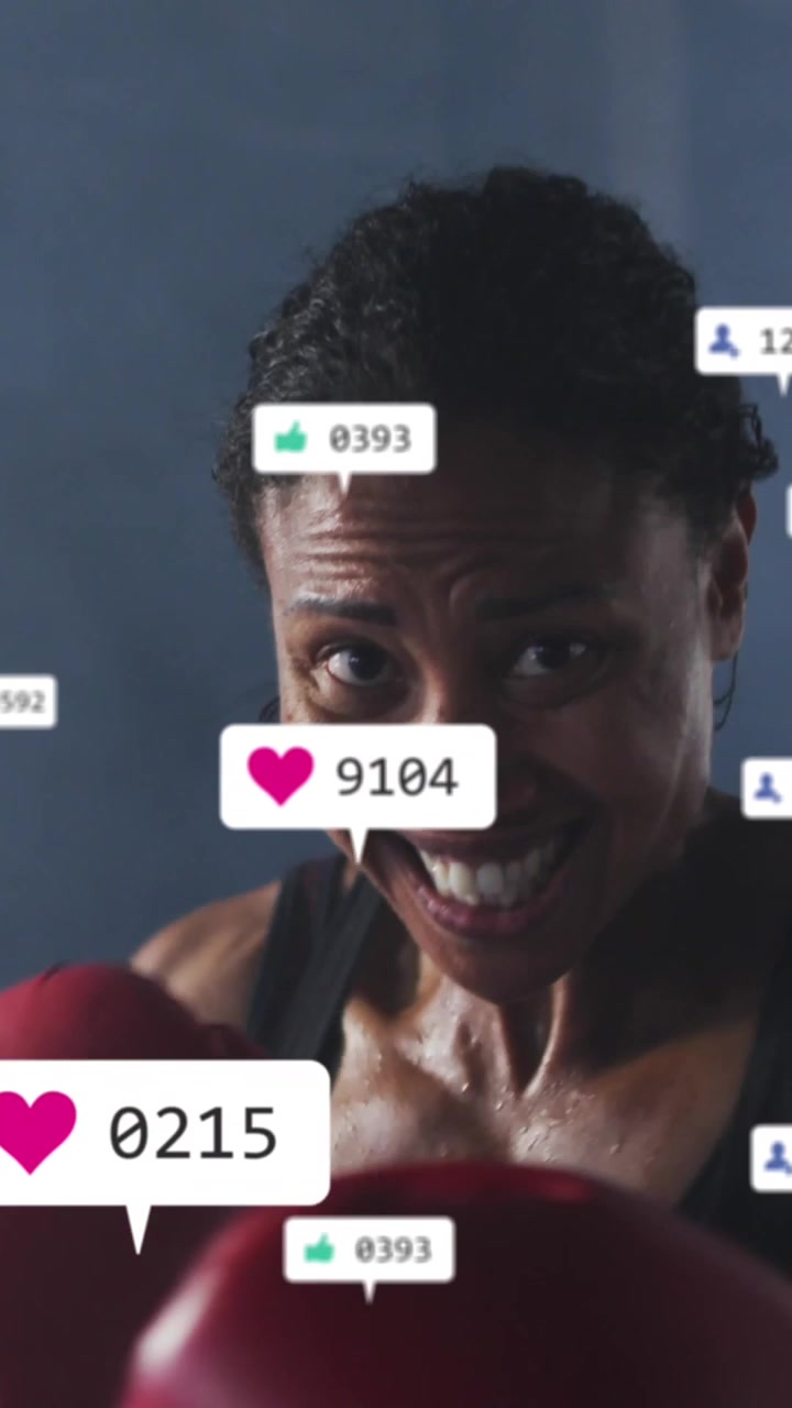 Animation of notification bars over diverse female boxer looking at screen and practicing punches