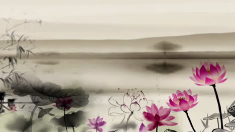 Fantasy-bright-ambience-landscape-of-beautiful-morning-lotus-pond,-fish,-sky,-mountains,-flowers,-lake,-ancient-house-with-simple-animation-in-Japanese-Chinese-anime-watercolour-style