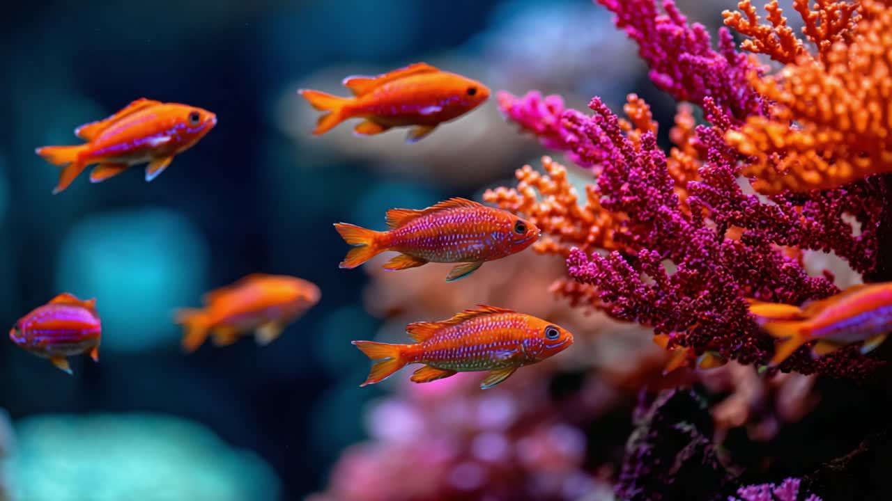 Una vivace scena di acquario con pesci colorati che nuotano tra coralli lussureggianti in un bellissimo ambiente sottomarino, pieno di vita e variazioni cromatiche.