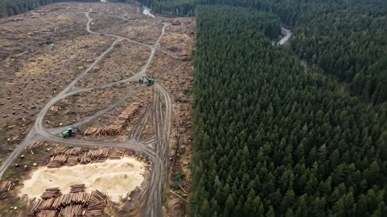 Aerial View of Clear-Cut Forest and Logging Operations