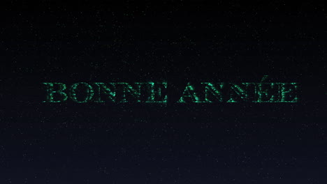 animation of happy new year greetings in shimmering green letters and fireworks