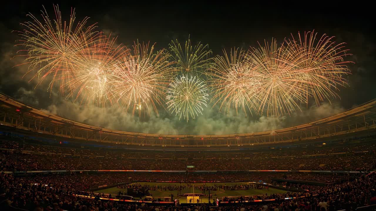 Firing pyro rigs sending aerial shells and comet trails across stadium ...