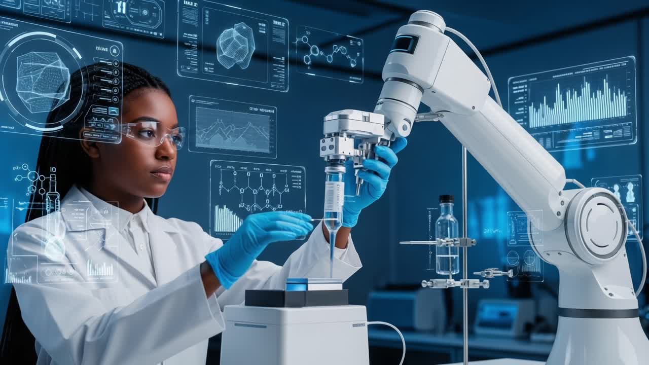 A Laboratory Scientist Working with a Robotic Arm to Conduct Advanced Experiments, Utilizing Cutting-Edge Technology for Research and Development