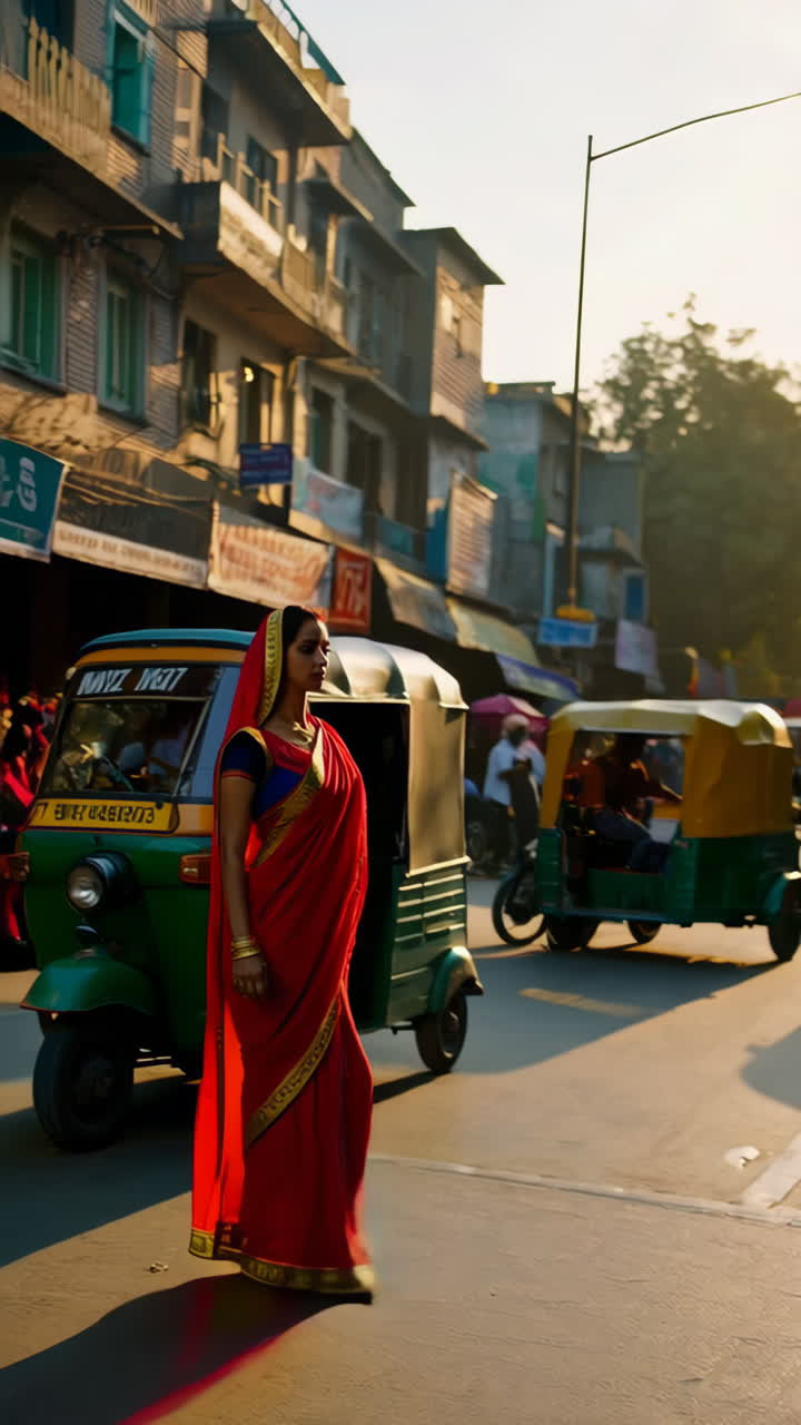Indian Woman in Red Sari Walking on a Bustling City Street at Golden Hour
