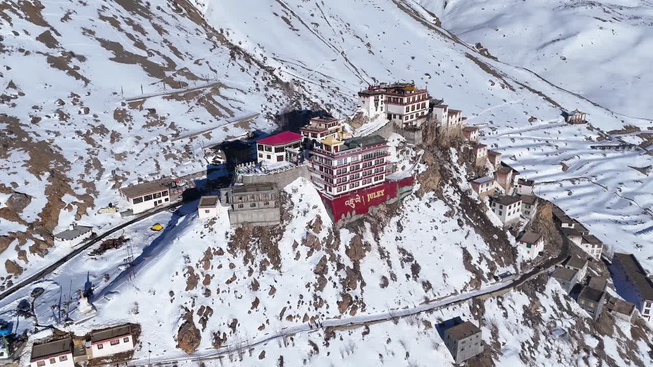 Aerial View of a Snowy Monastery in the Himalayas