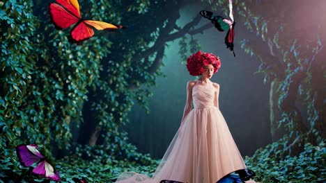 woman in a forest with roses on her head and butterflies