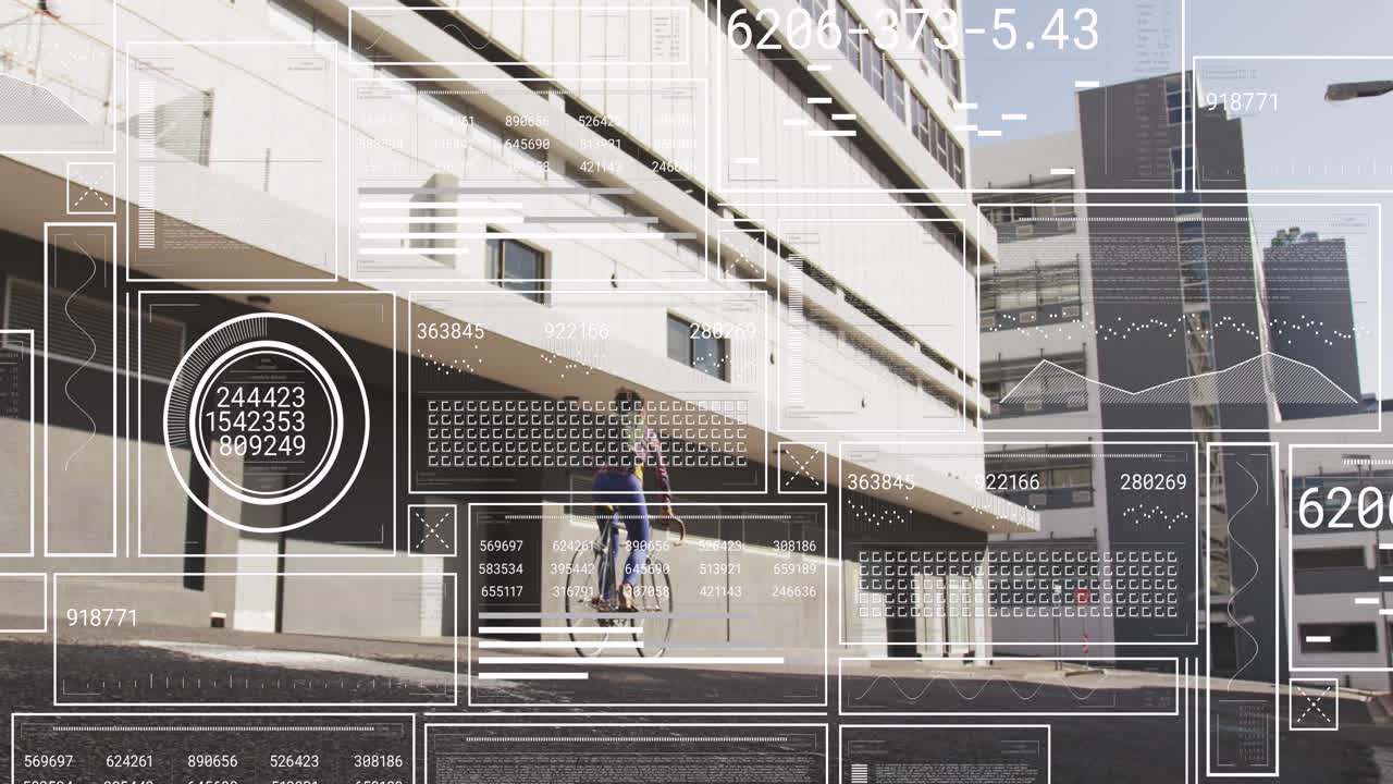 그래프의 애니메이션, 로딩 서클과 바, 도시의 거리에서 자전거를 타는 두 인종의 여성