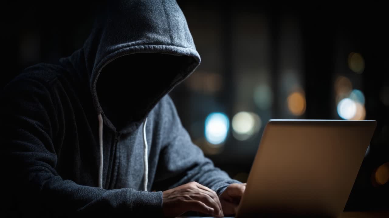 Figura misteriosa con cappuccio impegnata in attività online illecite, illuminata dallo schermo del laptop in un ambiente scarsamente illuminato che suggerisce intrigo e segretezza.