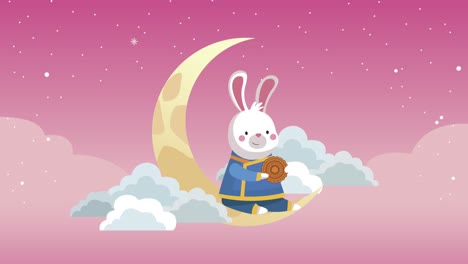 animación de mediados de otoño con un conejo sentado en la luna creciente