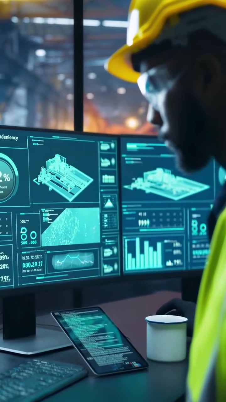 Industrial Engineer Analyzing Production Data on Dual Monitors