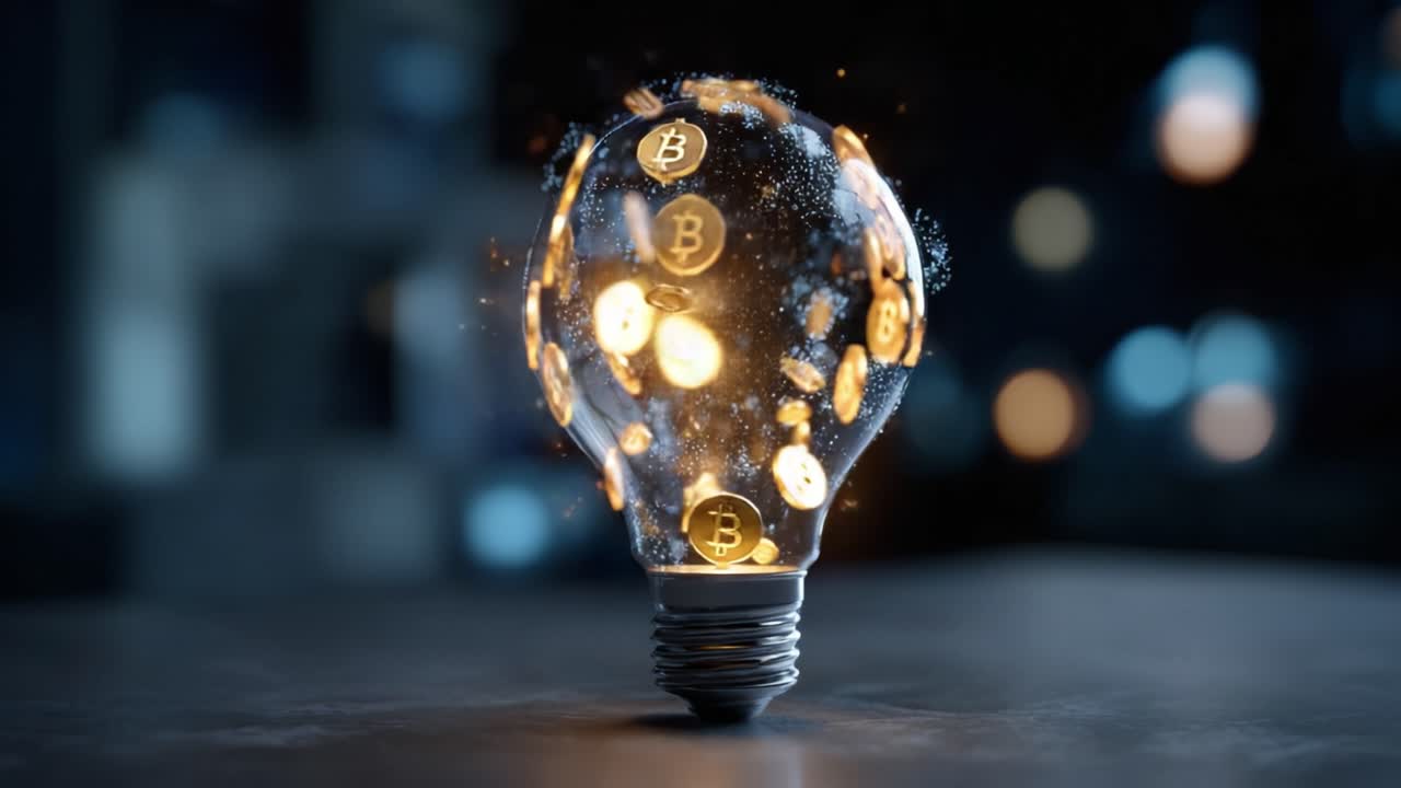 Et oplyst koncept: En lyspære fyldt med funklende Bitcoin-mønter, der repræsenterer innovation, velstand og fremtiden for kryptovaluta i en digital verden