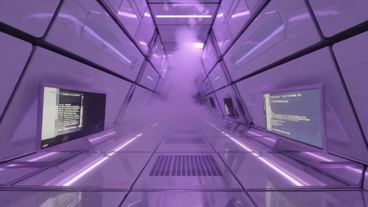 Futuristic Corridor with Smoke and Computer Screens