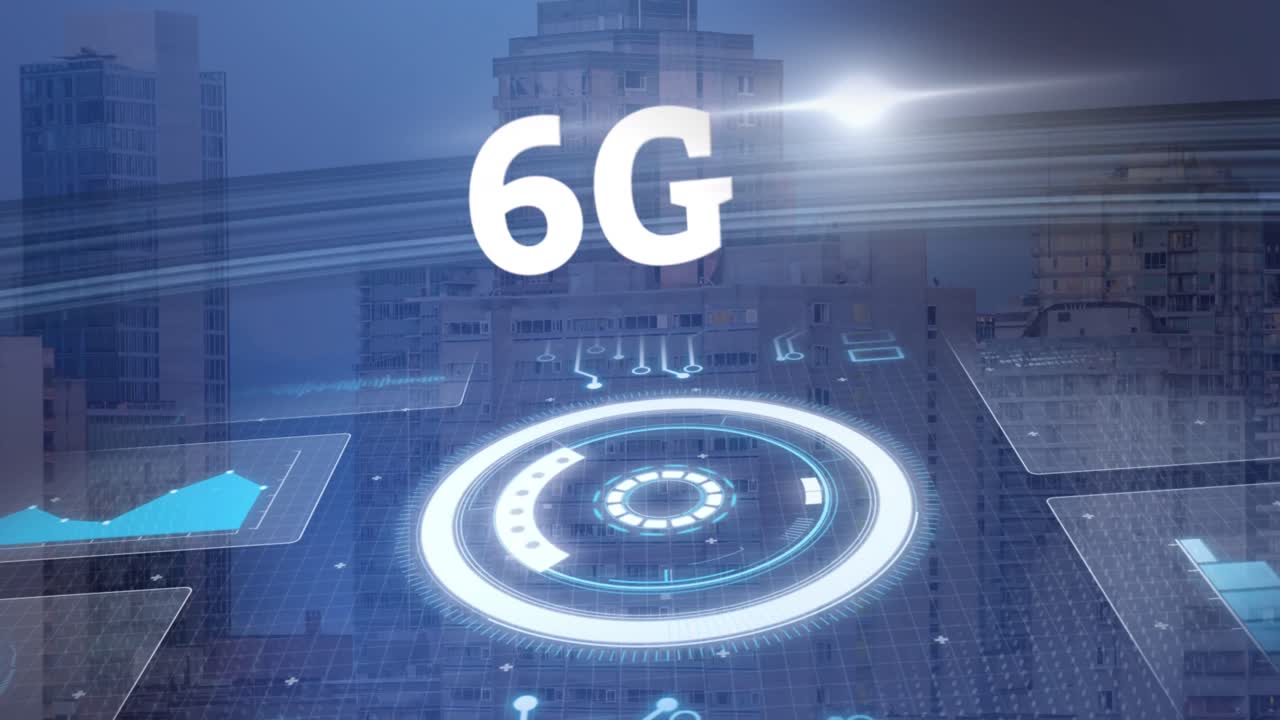 animazione di testo 6g, elaborazione dei dati e scheda di circuiti per computer.