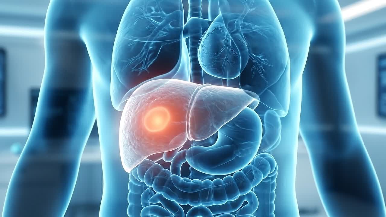 Animazione medica 3D del fegato umano con patologia.