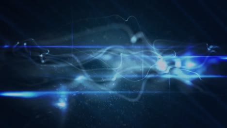 Animation-of-glowing-light-trails-connections-over-blue-smoke-on-dark-background