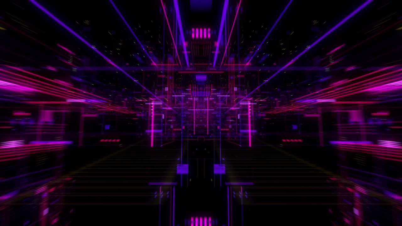 Dati virtuali su display a schermo digitale, concetto di tecnologia futura e programmazione. Unità di elaborazione centrale futuristica volante. Circuiti elettronici all'interno di un computer. Loop continuo, rendering 3D