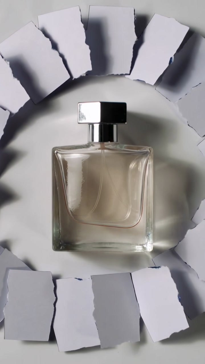 Vertical video: Placing torn paper making wreath around glass bottle with square cap on white desk