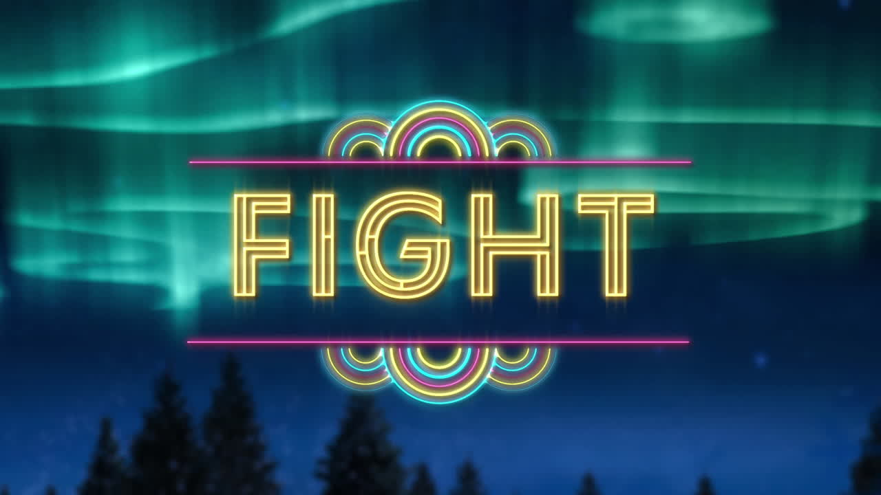 구름이 가득한 밤 하늘과 북극광 위의 전투 텍스트의 애니메이션