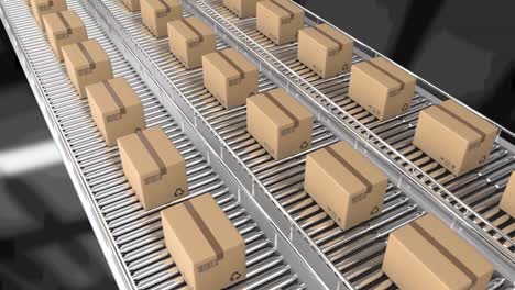 Animation-of-cardboard-boxes-moving-on-conveyor-belts-over-warehouse