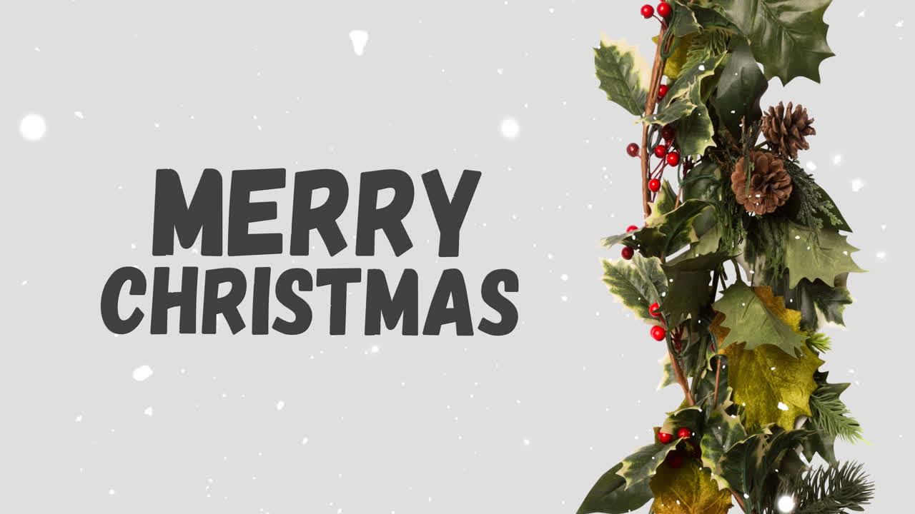 Animation of merry christmas text over snow falling and plant