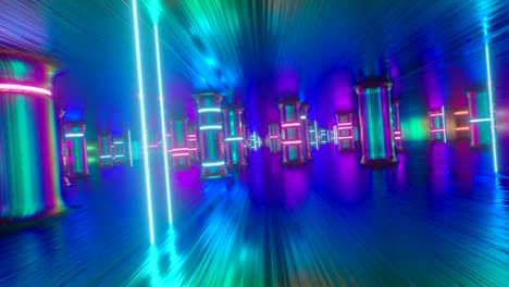 fly through a futuristic corridor along neon glass pillars and columns. modern ultraviolet neon glow. seamless loop 3d render