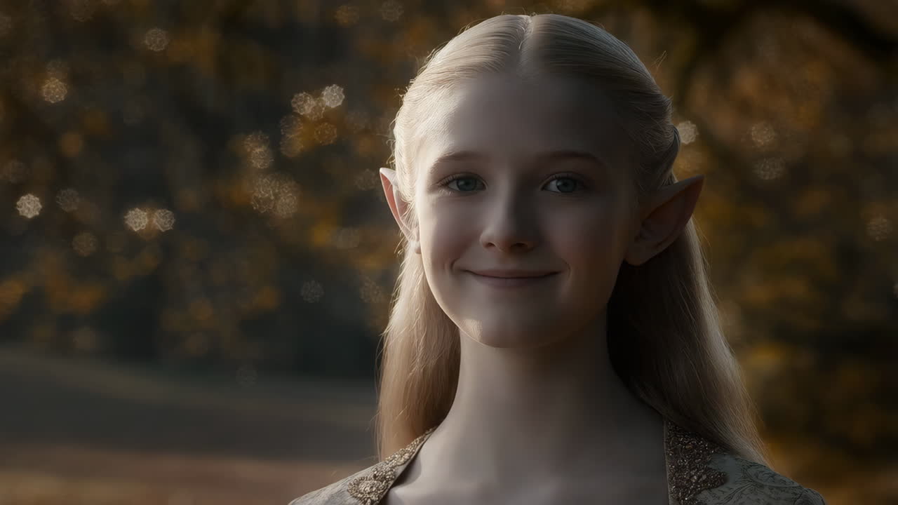 Young Elf Girl Smiling in a Magical Forest