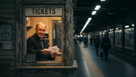 a ticket booth attendant at a dimly lit train station, offering tickets to passersby amidst the evening rush, capturing the essence of urban transportation