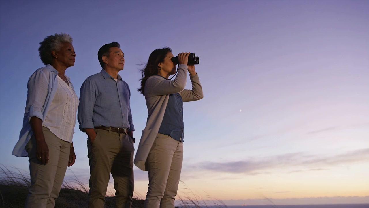 Seeing bright point right woman raising binoculars and scanning horizon on dune, cardigan