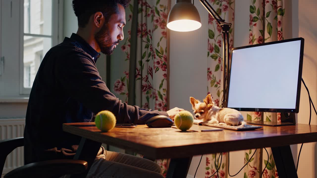Nighttime home office scene, professional working at computer with sleeping chihuahua nestled peacefully near keyboard, embodying focused productivity and serene companionship