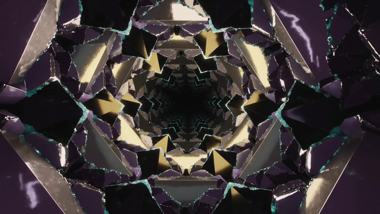 Camera pushing forward through purple facets with gold prisms and teal seams, drawing inward