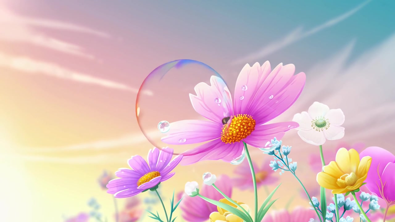 Animated Bee Pollinating Colorful Flowers with Floating Bubbles