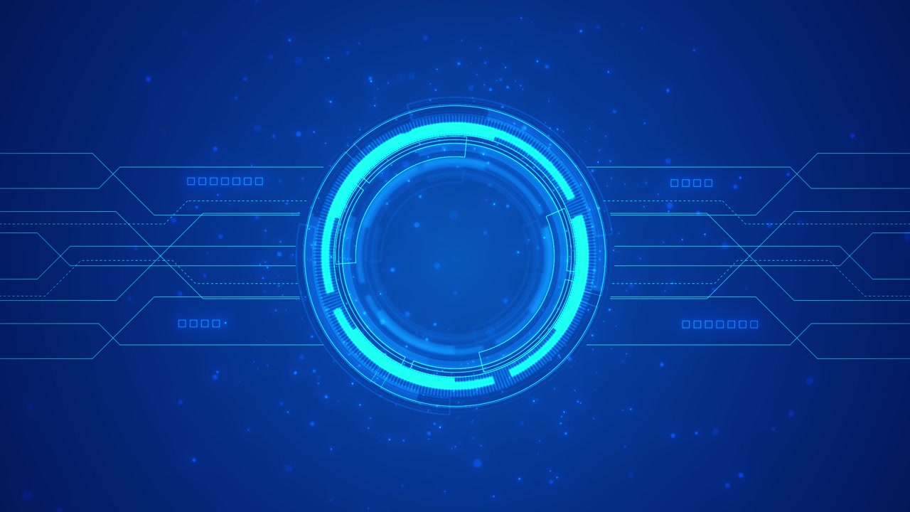 Futuristisk blå tech HUD-ring med cyan glød, central cirkulær interface, digitale ruter og svævende elementer.