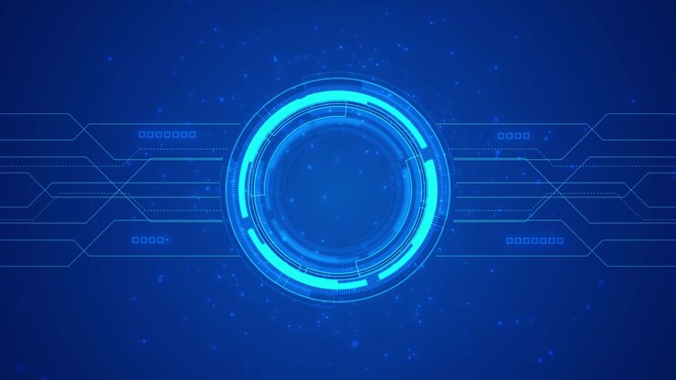 Anello HUD tecnologico blu futuristico con bagliore ciano, interfaccia circolare centrale, percorsi digitali ed elementi fluttuanti.