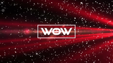 animation of wow text over red lights and snow flakes on black background