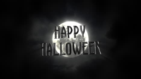 texto de animación feliz halloween y animación mística fondo de halloween con luna oscura y nubes