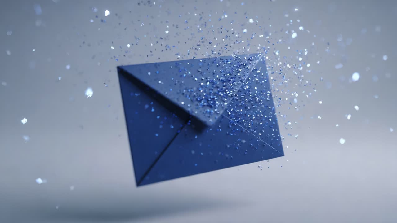 A Beautifully Designed Blue Envelope Releases Sparkling Glitter in an Enchanting Display, Capturing the Magic of Communication and Celebration Through Its Floating Presence