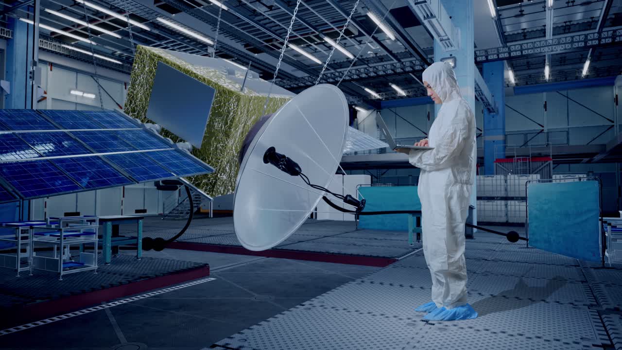 vista lateral completa del cuerpo de un científico masculino asiático escribiendo en una computadora portátil con la construcción de una nave espacial