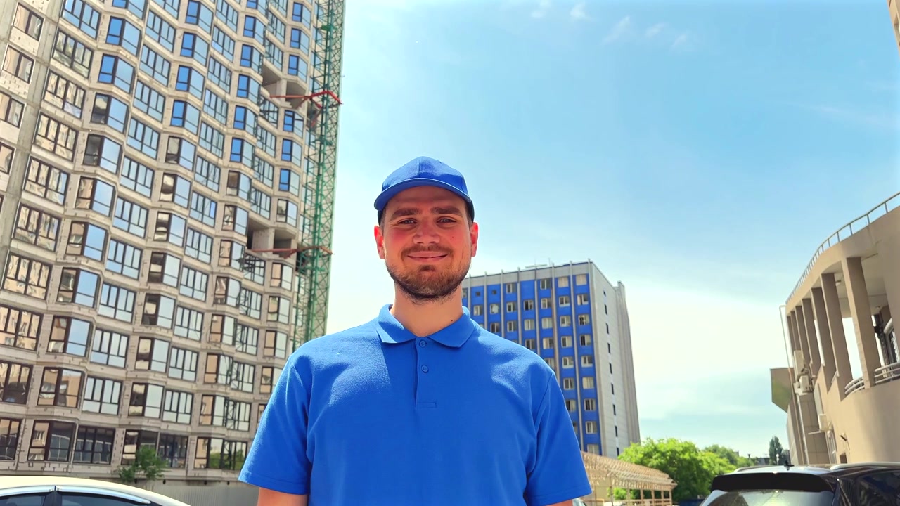 Young Delivery Man Standing in Front of Modern Apartment Building
