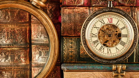 vintage antique pocket watch against the background of old books