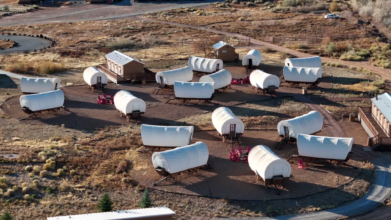 Drone Shot of Covered Wagons as Rental Accommodation in Capitol Reef National Park, Utah USA